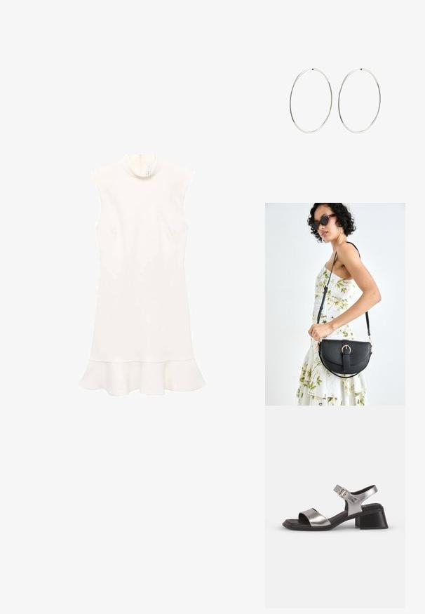 Biele bezrukávové šaty s vysokým golierom, so splývavým lemom a hladkým povrchom. Jednoduchý dizajn bez vzorov alebo viditeľného hardvéru.; Strieborné kožené sandále s otvorenou špičkou, obsahujúce široký predný remienok, remienok okolo členka so sponou a stredne vysoký blokový opatok.; Čierna kožená kabelka s zaobleným tvarom, odnímateľným popruhom a zlatými doplnkami. Kabelka má klopu s detailom s prackou.; Strieborné kruhové náušnice s hladkým, okrúhlym dizajnom a lesklým povrchom. Sú tenké a ľahké, s jednoduchým uzáverom.