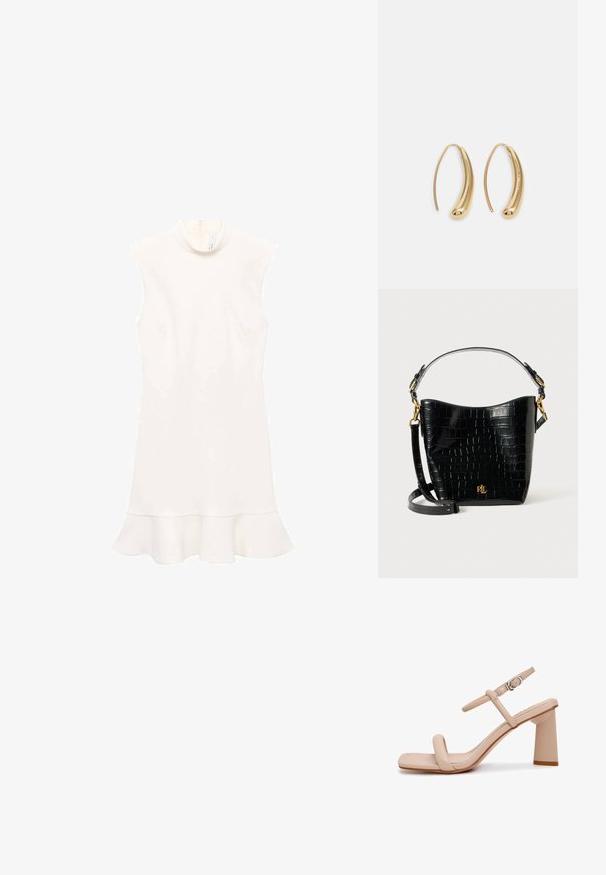 Biała sukienka bez rękawów z wysokim dekoltem, z rozkloszowanym dołem i gładką fakturą. Prosty fason bez wzorów i widocznych elementów metalowych.; Beżowe sandały na obcasie z kwadratowym noskiem, pojedynczym paskiem na stopie, regulowanym paskiem wokół kostki, skórą o teksturze i masywnym obcasem.; Czarna torba ze skóry z tłoczeniem w krokodylą skórę o zaokrąglonym kształcie, z akcentami ze złotego metalu, regulowanym paskiem oraz detalem logo z przodu.; Złote metalowe kolczyki w kształcie obręczy o zakrzywionym, wydłużonym kształcie. Posiadają gładką, błyszczącą powierzchnię oraz zaokrąglony koniec dla dodatkowego efektu.