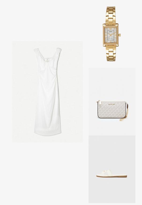 Biele šaty s priliehavým topom a voľnou sukňou. Obsahujú nariasené detaily a viazanie vzadu, majú okrúhly výstrih a jemnú štruktúru.; Biele ploché sandále so minimálnym dizajnom, s dvoma prekrižovanými remienkami a zlatými kovovými akcentmi na hnedej podrážke.; Michael Kors zápästná taška v béžovej potiahnutej plátenej tkanine s opakujúcim sa vzorom loga MK, zlatým kovania a odnímateľným reťazovým popruhom.; Zlatý obdĺžnikový náramkový hodinky s bielym ciferníkom, striebornými indexmi a odolným kovovým náramkom. Obsahuje vodoodolnú funkciu.