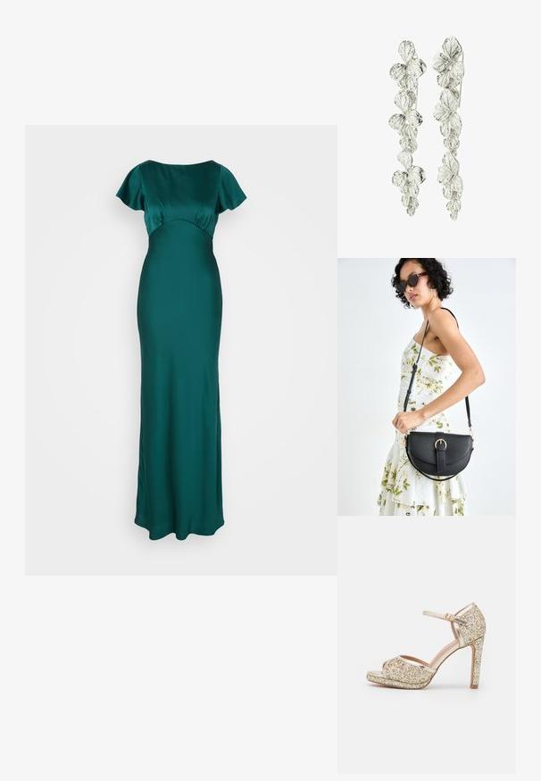 Dolga satenska obleka v temno zeleni barvi, ki ima kratke lepe rokave in prilegajoče se telo, s tekočim prehodom do ravnega roba.; Zlate bleščeče sandale s visokim petam, odprto konico, trakom okrog gležnja in debelom podplatam. Gladki kovinski dodatki izboljšujejo celotno zasnovo.; Črna usnjena torbica s ukrivljeno obliko, z odstranljivo naramnico in zlatimi dodatki. Torbica ima pokrov s podrobnostmi v obliki zaponke.; Srebrne uhane z rožnim vzorcem in plastmi listov. Tekstura izgleda zapletena in polirana, kar poudarja naravni motiv.