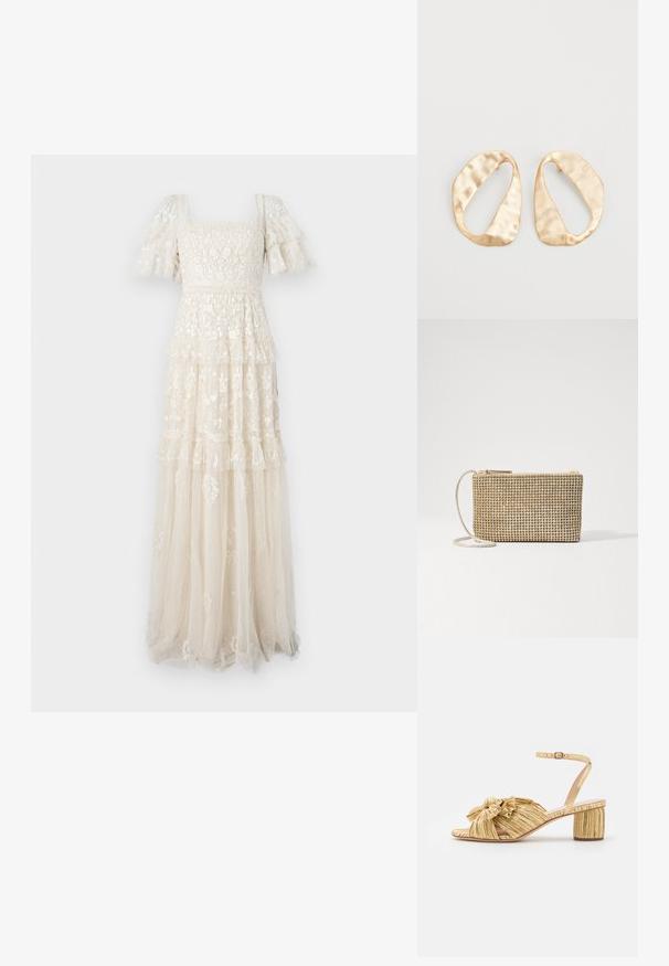 Vestido de encaje en marfil claro con mangas cortas y rizadas y un escote cuadrado. Presenta un diseño en capas y con volantes, además de bordados florales.; Sandalias doradas de tacón con un diseño texturizado y plisado, adornadas con un prominente lazo. Cuentan con una correa al tobillo con hebilla ajustable y tacón de bloque medio.; Loeffler Randall YASMINE FLAT CLUTCH - Bandolera - gold; Un par de pendientes de metal dorado en forma de óvalo irregular con una superficie texturizada y ligeramente martillada sobre un fondo blanco.