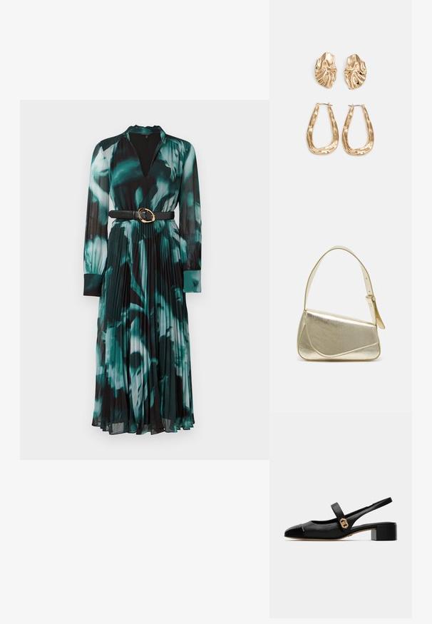 Pitkähihainen mekko vihreässä ja mustassa kukkakuosissa, jossa on V-pääntie, laskostettu helma ja musta vyö kultaisella soljella.; Mustassa nahkakengässä on pyöreä varvaskärki, kiiltävä kärki ja kultainen yksityiskohta nauhassa. Kenkä on varustettu pienellä tukkijalkapohjalla.; Kultainen metallinen käsilaukku, jossa on jämäkkä muotoilu, sileä pinta ja säädettävä olkahihna. Sisältää ainutlaatuisen kolmiomaisen muodon ja minimalistisen tikkaustyylin.; Korukultainen korvakorut, joissa on teksturoituja, aaltoilevia muotoja. Mukana on veistokselliset klipsikorvakorut ja avoin rengasmalli, jossa on vasaroitu pinta.