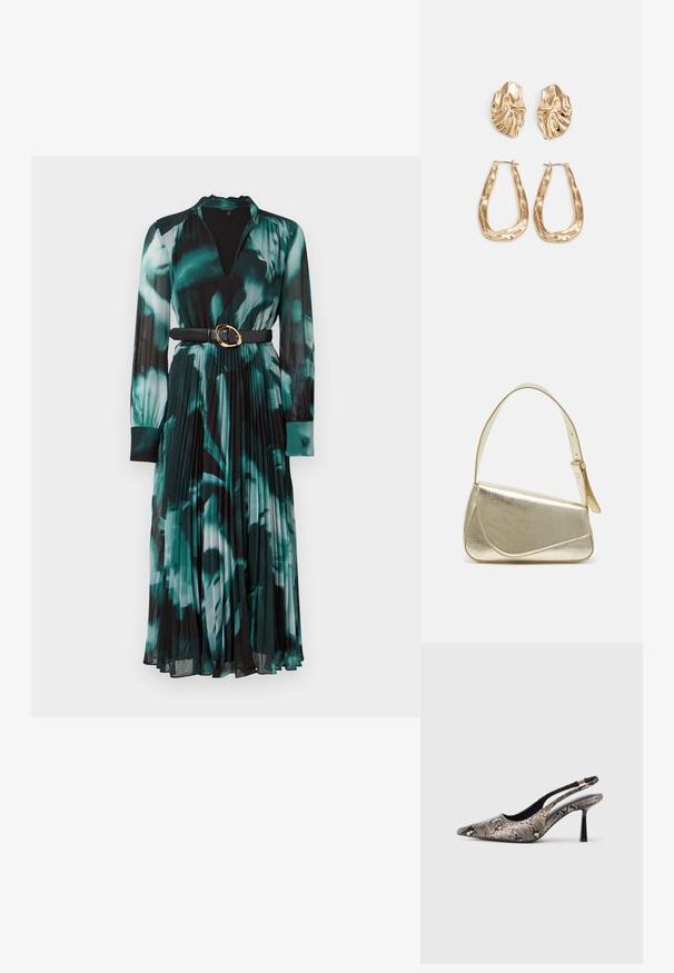 Pikad varrukad kleit roheline ja must lilleline muster, millel on V-kaelus, volditud seelik ja must vöö kuldse pandlaga.; Kitsas varvusega slingback kingad, mis on valmistatud tekstuuriga maosarnase materjali toel, omavad saledat musta kõrget kontsa ja lõikega disaini külgedel.; Kuldmetallist käekott, millel on struktureeritud disain, sile tekstuur ja reguleeritav rihm. Omab ainulaadset kolmnurkset kuju ja minimalistlikku õmblust.; Kuldse värvi kõrvarõngad, mis on kaunistatud tekstuursete ja laineliste kujunditega. Komplektis on skulpturaalsed klamber kõrvarõngad ja avatud rõngasdisain, millel on lõhestatud viimistlus.