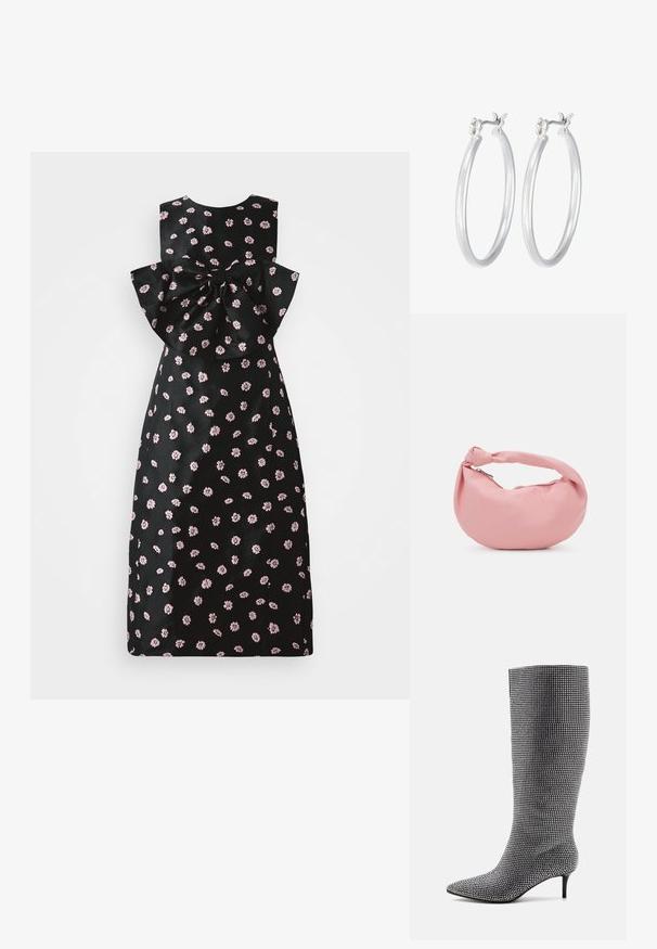 Must have musta kleit roosa lillemustriga, ilma varrukateta disain ja suur seljaosa kaunistus. Sile tekstuur ja keha lähedane siluett.; Sääre kõrgused mustad saapad, kaetud väikeste hõbedaste sädelejatega, terava varbaga ja kitsaste kontsadega. Sile tekstuur ja keha järgi kohandatud disain.; Even&Odd Käekott - pink; Hõbedased rõngaskõrvarõngad, millel on sile, läikiv viimistlus. Ümmargune kuju ja turvaline klõpsulatus. Kerge disain, sobib igapäevaseks kandmiseks.