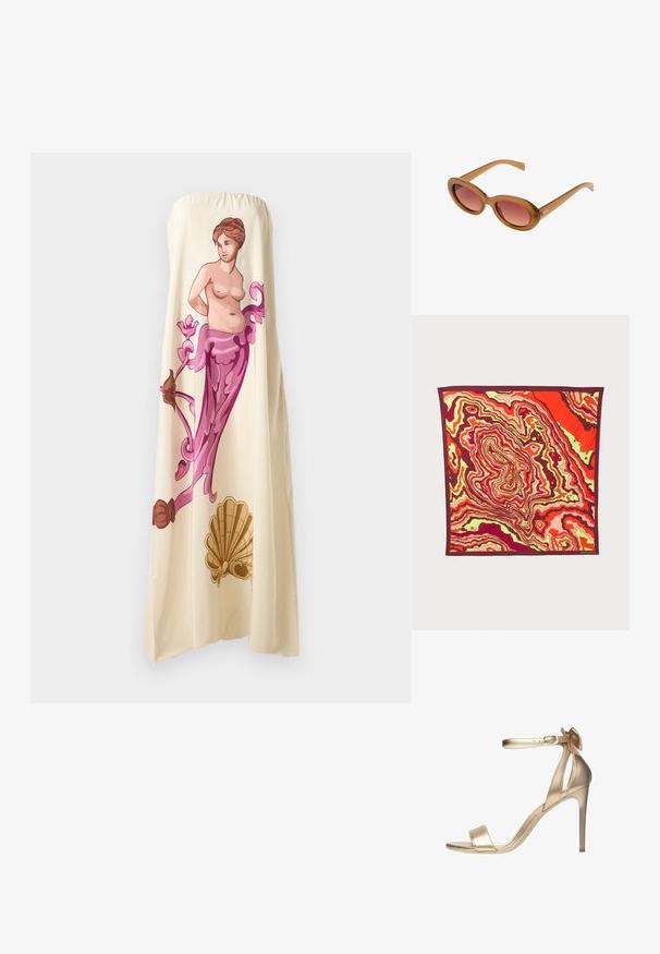 Abito senza spalline di colore crema con una grande illustrazione colorata di una figura classica, arricchita da dettagli floreali in rosa e marrone, che mette in risalto un design fluido.; Sandalo alto in metallo dorato con cinturino sottile alla caviglia, punta aperta e texture liscia. Presenta un delicato accento a forma di fiocco sul tallone.; Occhiali da sole in plastica marrone con forma ovale e lenti rosa sfumate. Presentano bracci sottili e eleganti e un logo discreto sul lato.; Foulard quadrato di seta con un vivace motivo astratto in rosso, rosa e verde, bordato da una profonda finitura borgogna.