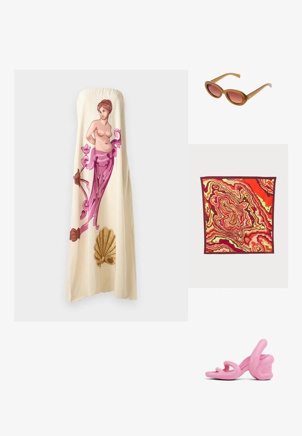 Strapless cream dress featuring a large, colorful illustration of a classical figure with floral accents in pink and brown, showcasing a flowing design.; Pink sculptural high-heeled sandals featuring a wavy design and a chunky heel, made of smooth plastic with cutouts in the toe area.; Brown plastic sunglasses with an oval shape and gradient pink lenses. Features thin, sleek arms and a subtle logo on the side.; Silk square scarf featuring a vibrant abstract pattern in red, pink, and green, bordered with a deep burgundy trim.