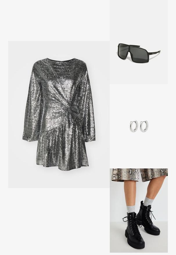 Hõbedane sädelev kleit pikade varrukatega, millel on keerdunud esiosa ja laienev seelik. Sile tekstuur peegeldava pinnaga.; Steve Madden GUSTO - Platvormtallaga poolsaapad - black; Mustad prillid, millel on suur, nurkjas raam, tumedad läätsed ja õhukesed, voolujoonelised sanga, millel on ühel küljel väike logo.; Hõbedased rõngassüstid läikiva viimistlusega, millel on ümmargune disain ja sujuvad hinged, mis näitavad sileda tekstuuri.