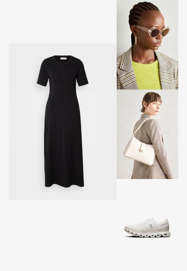 Zwarte maxi-jurk gemaakt van zachte, rekbare stof. Heeft korte mouwen, een ronde halslijn en een aansluitende silhouet met een gladde textuur.; Witte sportieve schoen met een mesh bovenkant, platte veters en een kenmerkende zool met gesegmenteerde demping en subtiele grijze accenten.; Doorzichtige cat-eye zonnebril met bruine lenzen en transparante montuur. Model draagt een groene geribbelde top en een geblokte blazer. Gouden ring oorbellen.; Witte leren handtas met een gestructureerd ontwerp, voorzien van een magneetsluiting en een schouderriem, tentoongesteld tegen een neutrale achtergrond.