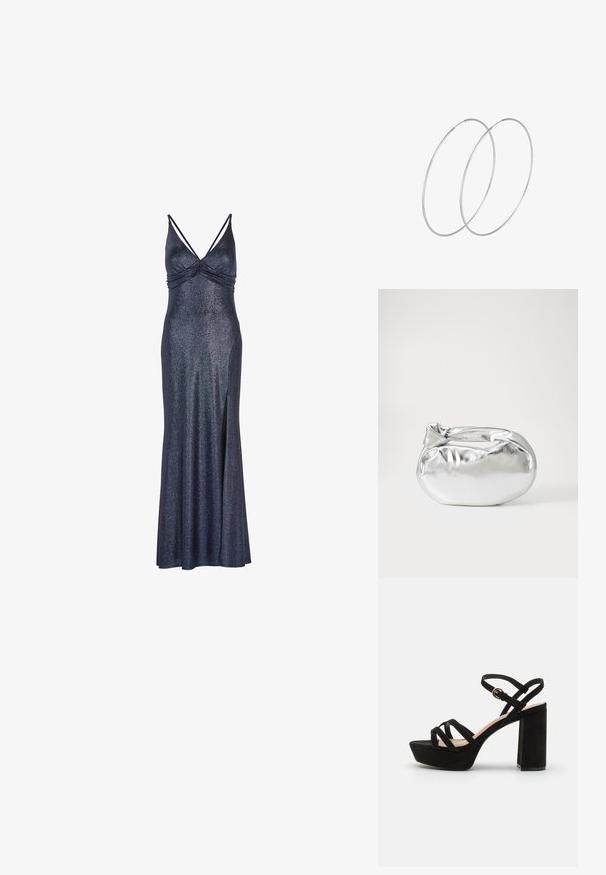 Ilga, tamsiai mėlyna be rankovių suknelė su blizgiu finišu. Yra susikaupusi krūtinėje ir šone įpjova, kad būtų lengviau judėti. Metalinis akcentas audinyje.; Juodos zomšinės platformos šlepetės su storu kulnu, turinčios kryžminius įtempimo dirželius ir sagtimi reguliuojamą kulkšnies dirželį saugiam prigludimui.; Sidabrinė metalinė maišelio forma su švelnia, apvalia forma ir mazgu užveriamu viršumi. Pagaminta iš lygios dirbtinės odos medžiagos.; Sidabrinės pusmėnulio auskarai minimalistiniu dizainu. Apskritimo forma, lygus paviršius ir plonas profilis. Lengvi su poliruotu apdailu.