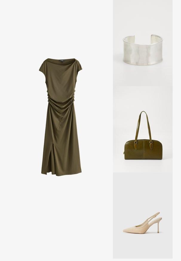 Olivinė suknelė, pagaminta iš minkštos medžiagos, turinti supjaustytą iškirptę, šoninius raukšlėjimus ir asimetrišką plyšį priekyje, kad suteiktų papildomo akcento.; Bežiniai sliuoliai aukšti kulniukai su smailiu priekiniu galiuku, pagaminti iš tekstūruotos medžiagos, turintys ploną kulną ir reguliuojamą dirželį.; Alyvuogių žalio odinio rankinės, su išlenkta forma, dviem rankenomis ir vientisu priekiniu paviršiumi. Pasižymi lygiu paviršiumi ir subtiliomis siuvimo detalėmis.; Zign Apyrankė - silver-coloured