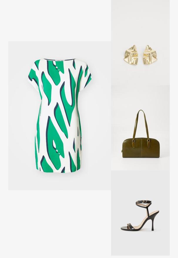 Abito a maniche corte con un motivo astratto verde e bianco e dettagli in blu navy. Realizzato in tessuto leggero, presenta una vestibilità comoda e un collo rotondo.; Sandalo alto in vernice nera con sottile cinturino alla caviglia e fibbia, open toe e sottile tacco a stiletto su sfondo bianco.; Borsa a mano in pelle verde oliva di forma arrotondata, con due manici e una parte frontale senza cuciture. Presenta una superficie liscia e dettagli di cucitura delicati.; Orecchini metallici dorati con un design ondulato; superficie liscia e riflettente; forma asimmetrica; nessun motivo o hardware visibile.