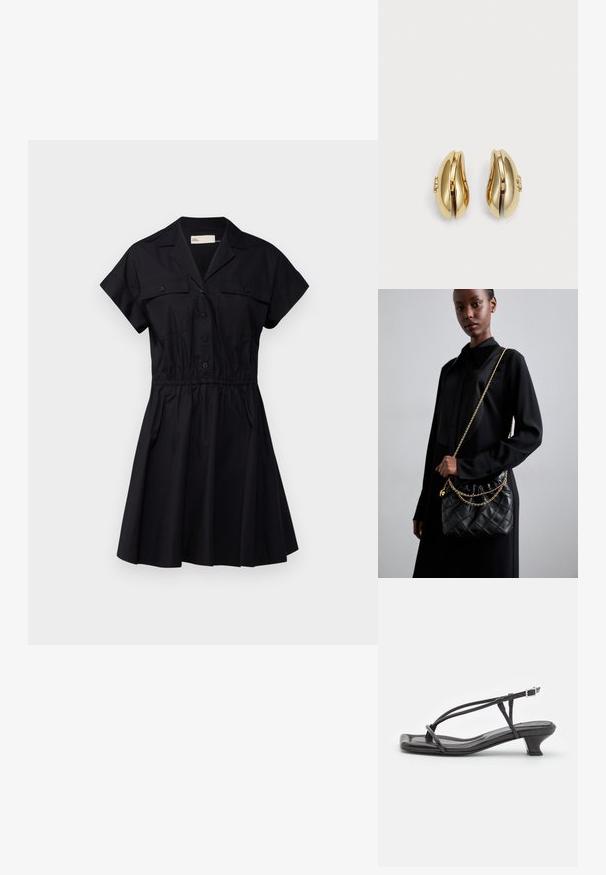 Abito nero a maniche corte con colletto, bottoni frontali, due tasche sul petto e una vita elastica, caratterizzato da una gonna svasata.; Sandalo in pelle nera con cinturini sottili, tacco basso a blocco e punta quadrata. Presenta una chiusura con fibbia e una superficie liscia.; Borsa a tracolla in pelle nera trapuntata con apertura arricciata, tracolla in catena dorata e forma rettangolare, appoggiata su uno sfondo semplice.; Orecchini in tonalità oro con un design fluido e curvato. Ogni orecchino presenta una superficie liscia e un piccolo gancio con un dettaglio decorativo.