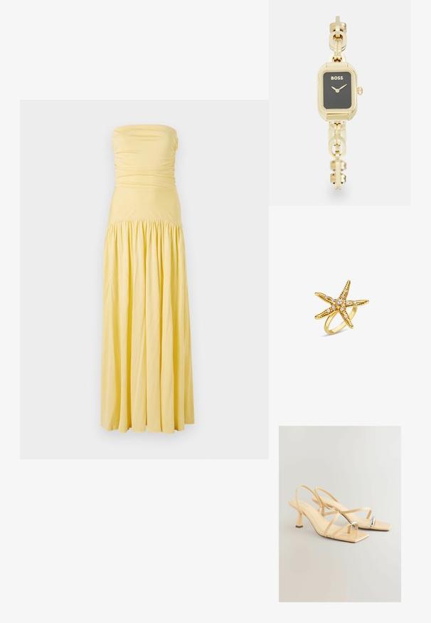 Olkaimaton maksimekko pehmeästä keltaisesta kankaasta, jossa on rypytys rinnojalla ja kerrottu hame, virtaava siluetti ja sileä pinta.; Beige korkokengät, joissa on neliömäinen kärki, ohuet hihnat ja metallinen yksityiskohta kärjessä. Korkea, paksu korko vakauden takaamiseksi.; Kultasävyinen suorakulmainen kello mustalla kellotaululla, linkitetty rannekkeen muotoilu ja "BOSS" -merkintä. Varustettu minimalistisilla viittausnuolilla ja kruunulla.; Kultainen meritähti-muotoinen sormus, jossa on valkoisia helmikoristeita ja teksturoituja yksityiskohtia rungossa, asetettuna sileälle renkaalle.
