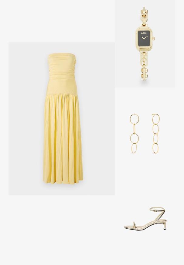 Sleevøs maxikjole i blødt gult stof, med rynk i bærestykket og en samlet nederdel, som har en flydende silhuet og glat tekstur.; Metallisk guld sandal med en slank ankelrem, åben tå og en lav blokhæl. Karakteriseres ved minimalistisk design og glat tekstur.; Rektangulært guldtonet ur med en sort urskive, linked armbåndsdesign og "BOSS" branding. Har minimalistiske visere og krone.; Guldøreringe med hoops, der indeholder fire sammenkoblede cirkulære former i varierende størrelse, med en poleret finish og simpel postmontering.
