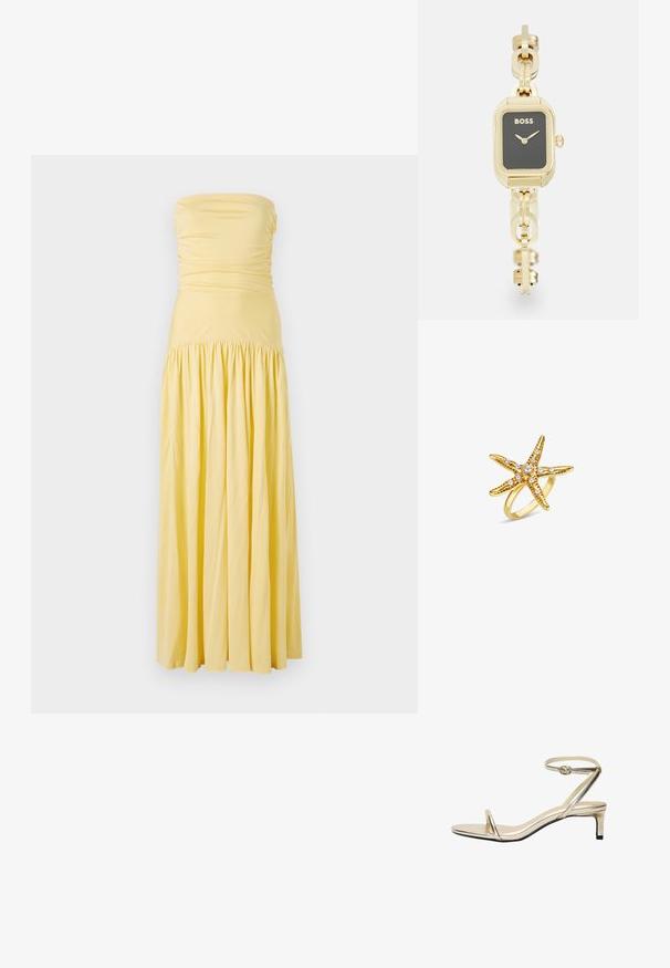 Utan axelband maxiklänning i mjuk gul tyg, med drapering vid bodicen och en samlad kjol, som har en svävande silhuett och en slät textur.; Metallisk guld sandal med en smal ankelrem, öppen tå och en låg, blockklack. Funktioner med minimalistisk design och mjuk textur.; Rektangulär guldtonad klocka med svart urtavla, länkarmbandsdesign och "BOSS"-logotyp. Har minimalistiska visare och en krona.; Guldstjärnformad ring med vita pärlornas inslag och texturerade detaljer på kroppen, satta på ett slätt band.