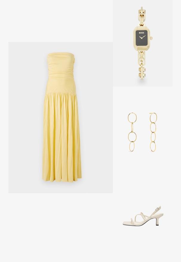 Strapless maxi dress in soft yellow fabric, featuring ruching at the bodice and a gathered skirt, with a flowing silhouette and smooth texture.; Beige strappy sandal with a square toe, featuring thin straps and a low, block heel. Smooth material with a contrasting black trim.; Rectangular gold-tone watch with a black dial, linked bracelet design, and "BOSS" branding. Features minimalist hands and a crown.; Gold hoop earrings featuring four interlinked circular shapes, varying in size, with a polished finish and simple post attachment.