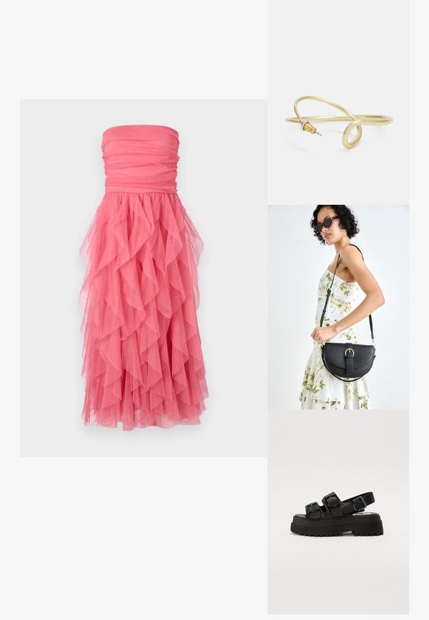 Lahka brezramna obleka v živahni roza barvi z nabranim bodicem in plastmi tila, ki padajo od pasu do roba. Mehka, lahka tekstura.; Črne platformne sandale s tremi nastavljivimi zaponkami, teksturiranim podplatom in gladkim zgornjim delom. Oblikovane z robustno, masivno silhueto.; Črna usnjena torbica s ukrivljeno obliko, z odstranljivo naramnico in zlatimi dodatki. Torbica ima pokrov s podrobnostmi v obliki zaponke.; Zlato obarvan kovinski zapestnica s tekočim, ukrivljenim dizajnom. Ima majhen, izstopajoč srebrn poudarek na enem koncu.