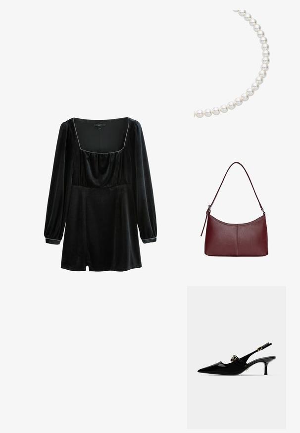 Črna sametasta obleka z dolgimi napihnjenimi rokavi, kvadratnim izrezom in nabrano dekoracijo na prsih. Vsebuje diskreten srebrni obrobo ob izrezu.; Črne lakaste slingback pete s koničastim nosom, ki imajo dvojne zlate zaponke in vitko stiletto peto.; Bordo usnjeni ročni torbici s ukrivljeno obliko, enim ramenskim trakom in šivanjem na sredini. Gladka tekstura, minimum kovinskih dodatkov.; Ogrlica iz biserov s krožnimi, sijočimi belimi biseri, strnjenih skupaj, ki prikazuje gladko površino in dosledno krogelno obliko.