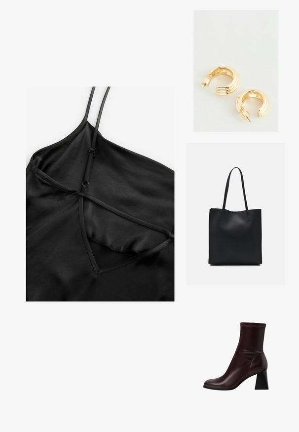 Čierna saténová nočná košieľka s tenkými nastaviteľnými ramienkami, V-výstrihom s vrstvovou konštrukciou a hladkou, lesklou textúrou.; Stradivarius BLOCK - Klasické členkové čižmy - dark red; Čierna kožená taška na rameno s hladkým povrchom, obdĺžnikovým tvarom a dvoma dlhými uchami. Bez viditeľného kovania alebo ozdôb.; Náušnice zlatého tónu v tvare kruhu s lesklým povrchom, ktoré majú vyžaduje vzor a uzatváranie na zadnej strane. Okatý, robustný tvar.