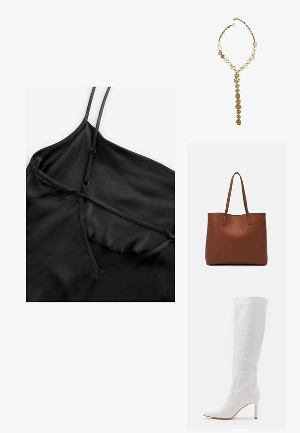 Abito sottoveste in satin nero con sottili spalline regolabili, scollatura a V con design a strati e una texture liscia e lucida.; RAID TRIBUTE - Stivali con i tacchi - white; Borsa tote in pelle marrone con texture liscia, design con apertura superiore e due spallacci. Presenta cuciture minime e nessun hardware visibile.; Collana in metallo dorato con maglie irregolari e texture, caratterizzata da un pendente a forma di Y e accentuata da un ciondolo centrale che ricorda monete sovrapposte.