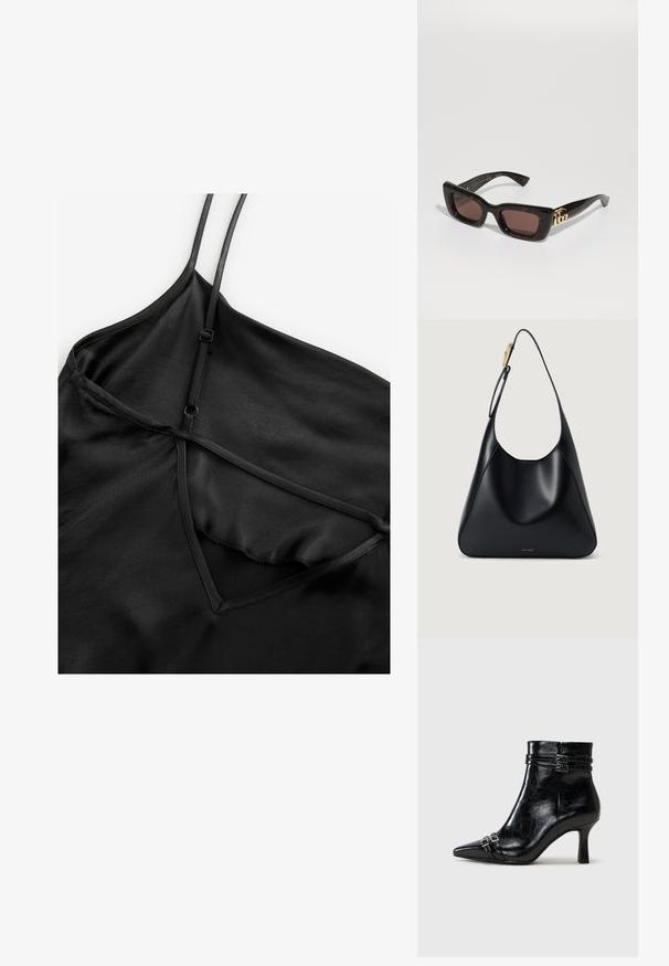 Juodas satino slydimo suknelė su plonomis reguliuojamomis petnešėlėmis, V formos iškirpte su sluoksniuotu dizainu ir lygiu, blizgiu paviršiumi.; Tamaris Pleištapadžiai aulinukai - black; Juodos tortoise tipo saulės akinius su stačiakampiais objektyvais, rudos spalvos tonu, storesniu rėmu ir auksine dviguba G logo detale ant šventyklos.; Juodas odinis pečių krepšys su lygiu paviršiumi, kreiviu siluetu ir auksinės spalvos detalėmis. Pagrindinėje dalyje yra išgraviruotas prekės ženklo logo.; Juodas odinis pečių krepšys su lygiu paviršiumi, kreiviu siluetu ir auksinės spalvos detalėmis. Pagrindinėje dalyje yra išgraviruotas prekės ženklo logo.