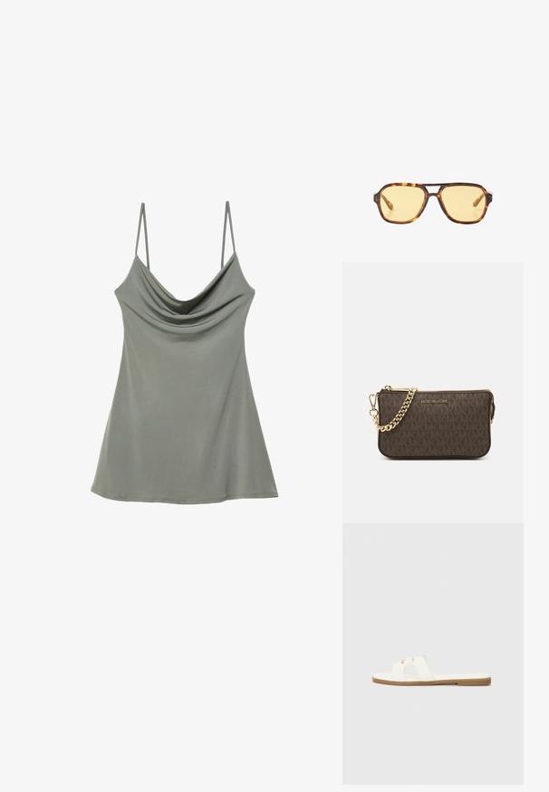 Rento, vaaleanharmaa toppi ohut säädettävä olkaimilla, valmistettu pehmeästä kankaasta, jossa on rento leikkautuminen ja sileä pinta.; Valkoinen litteä liukusandaali minimalistisella muotoilulla, jossa on kaksi ristiin kietoutunutta hihnaa ja kultaiset yksityiskohdat ruskealla pohjalla.; Kilpikonnakuosiset aurinkolasit, joissa on geometrinen muotoilu, keltaiset linssit ja metalliset yksityiskohdat saranoissa. Laaja kehys ja matta pinta.; Ruskea nahkainen olkalaukku, jossa on logokuvio, kultaketjuolkaint, vetoketjukiinnitys ja kultaiset metalliosat. Kompakti ja suorakulmainen muoto.