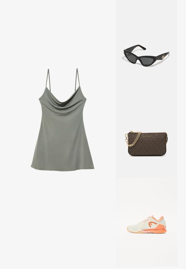 Uvoľnený, svetlošedý top na ramienka s tenkými nastaviteľnými popruhmi, vyrobený z jemného materiálu, so voľným strihom a hladkou textúrou.; Tenisová obuv v svetlých smotanových farbách s textúrovaným sieťovinovým vrchom, broskyňovými akcentmi a charakteristickým logom. Obsahuje flexibilnú gumovú podrážku pre lepšiu priľnavosť.; Slnečné okuliare v tvare mačacích očí s matným čiernym plastovým rámom, tmavými sklami a zlatým logom na bočnej strane. Ostrý dizajn a hladká textúra.; Hnedá kožená crossbody taška s logom, zlatým reťazcom, zipsovým uzáverom a zlatými prvkami. Kompaktnej a obdĺžnikovej forme.
