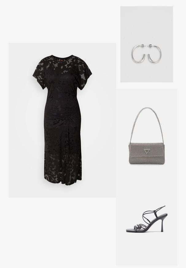 Black dress made of semi-sheer fabric with floral pattern. Features short flutter sleeves, scoop neckline, and gathers at the waist.; Black high-heeled sandals feature thin straps with a knotted design, a smooth square toe, and a sleek stiletto heel.; Light gray metallic handbag featuring a chain strap, embellished with small circular metallic studs and a triangular brand logo.; Silver hoop earrings with a smooth, shiny finish. Rounded shape, lightweight design, featuring a post-back closure.