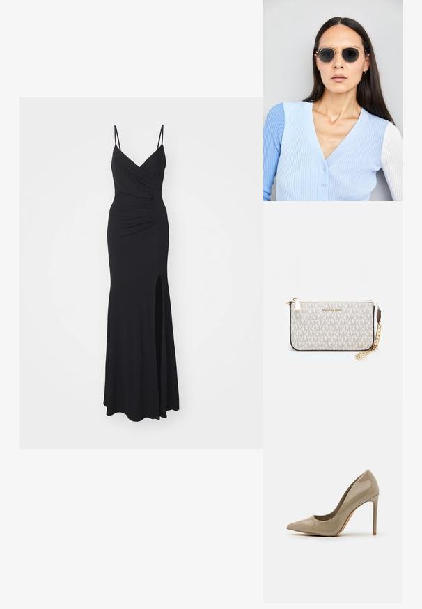 Rochie de seară neagră cu bretele subțiri, ajustabile, decolteu în V, plisare pe corp și o fante înaltă pe o parte. Fabricată dintr-un material elastic.; Pantofi cu toc înalt din piele lăcuită bej, cu vârf ascuțit, siluetă elegantă și toc stiletto. Textură netedă, cu detalii minime.; Ochelari de soare rotunzi cu lentile întunecate și rame aurii. Modelul poartă un cardigan ribbed de culoare albastru deschis cu nasturi și mâneci albe în contrast.; Clutch Michael Kors din canva acoperit bej, cu un model repetitiv al logo-ului MK, accesorii din aur și o curea cu lanț detașabil.