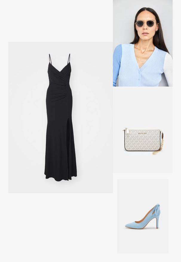 Crna večernja haljina s tankim, podesivim trakama, V-izrezom, nabranošću na tijelu i visokim prorezom sa strane. Izrađena od rastezljivog materijala.; Svijetloplave visoke potpetice od antilopa s izduženim vrhom i malim mašnom na stražnjoj strani. Ima elegantan dizajn i tamniju unutrašnjost.; Ok Runde sunčane naočale s tamnim staklima i zlatnim okvirom. Model nosi svijetloplavi rebrasti kardigan s gumbima i kontrastnim bijelim rukavima.; Michael Kors novčanik na zapešću u bež premazanoj tkanini s ponavljajućim uzorkom MK loga, zlatnim hardverom i odvojivim lancem za nošenje.