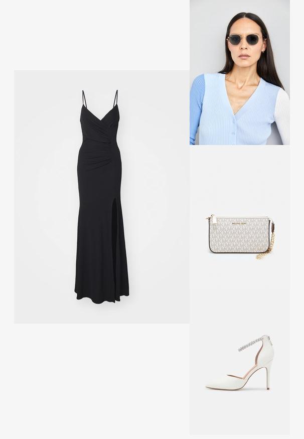 Black evening dress with slim, adjustable straps, a V-neckline, ruching on the bodice, and a thigh-high slit on one side. Made from stretchy fabric.; White high-heeled shoe with a pointed toe design, leather material, adjustable ankle strap adorned with rhinestones, and a slim stiletto heel.; Round sunglasses with dark lenses and gold frames. The model wears a light blue, ribbed cardigan with buttons and contrast white sleeves.; Michael Kors wristlet in beige coated canvas featuring a repeating MK logo pattern, gold hardware, and a detachable chain strap.