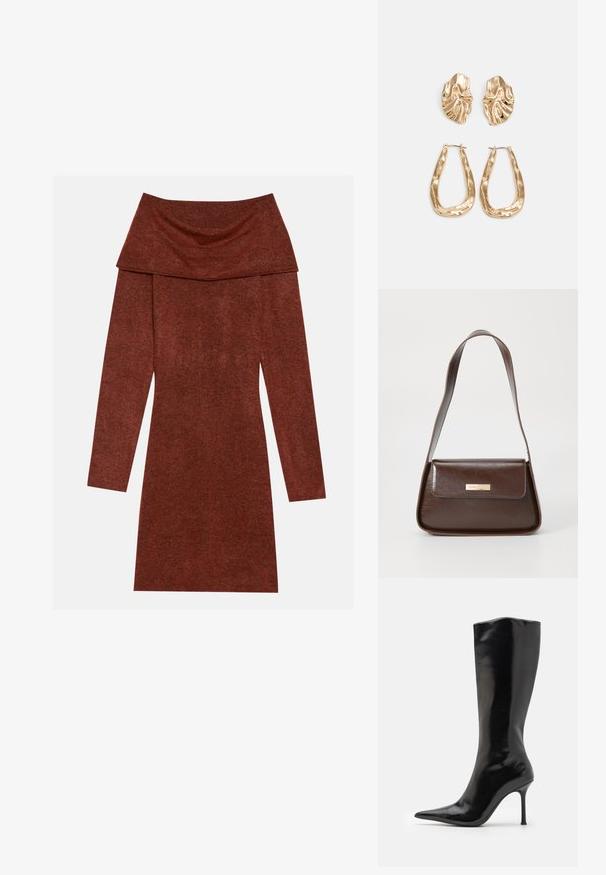 Šaty s odhalenými rameny a dlouhými rukávy v barvě rezavé; mají volně splývací výstřih s jemným, texturovaným povrchem.; Černé vysoké boty na tenkém podpatku k lýtkům s hladkým, lesklým koženým povrchem, špičatou špičkou a úzkým vysokým podpatkem. Hladká textura bez viditelných vzorů.; Hnědá kožená taška přes rameno se strukturovaným tvarem, vybavená magnetickou klopou a metalickým logem na přední straně.; Náušnice ve zlatém tónu s texturovanými, vlnitými tvary. Obsahují sochařské klipy a design otevřeného kruhu s kladivkovým povrchem.
