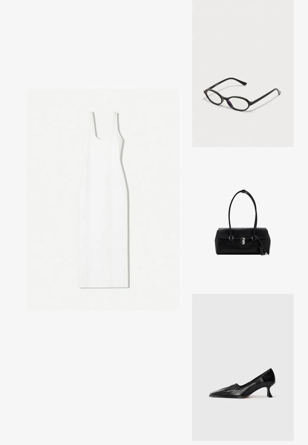 Bela brezrokavna obleka z okroglim izrezom, prilagojeno silhueto in dolžino do gležnja. Narejena iz gladkega blaga z minimalističnim dizajnom.; Črne usnjene čevlje na srednjem peti s kvadratnim nosom in rahlo nabranim detajlom ob zgornjem robu, prikazani iz strani na belem ozadju.; Črne ovalne okvirne očala z prosojnimi vijoličnimi detajli na lečah. Okviri imajo mat zaključek in vitke, ravne nogice.; Črna usnjena torbica z gladko teksturo, strukturirano zasnovo, dvema ročkama in s srebrnim sponko na sredini.