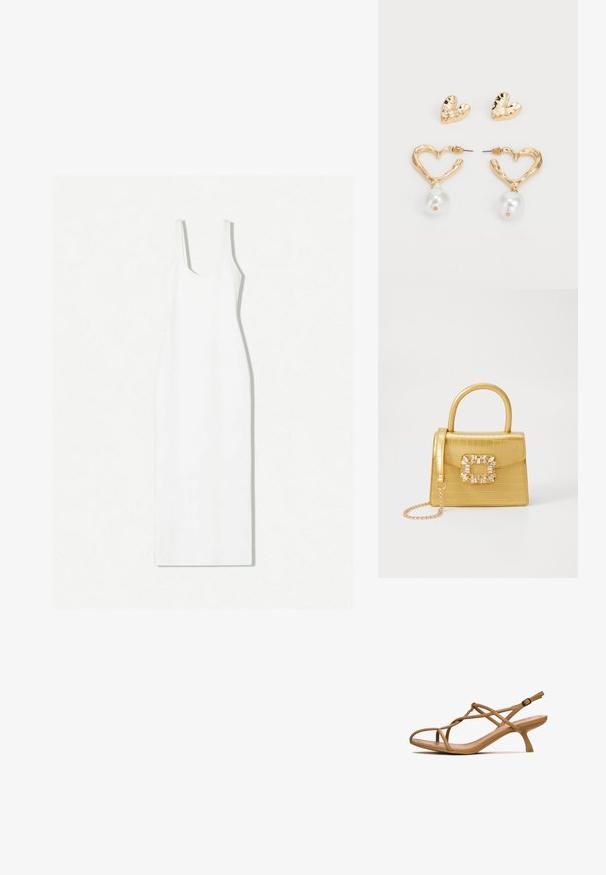 Hvid ærmeløs kjole med rund halsudskæring, tætsiddende silhuet og ankel-lange kant. Fremstillet af glat stof med et minimalistisk design.; Tan snørestøvle med spids tå og tynd hæl. Fremstillet af gummi med en glat overflade. Har krydsede stropper og en justerbar ankelspænde.; Gul faux-krokodille skuldertaske med struktureret design, top-håndtag, aftagelig kædetraske og dekorativ krystaldekoration på låsen.; Guldtonede hjerteformede øreringe med en tekstureret overflade, prydet med en hængende perleaccent. Inkluderer matchende hjerteformede studs.