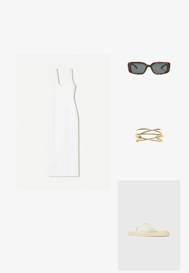 Abito bianco senza maniche con scollo a barco, silhouette aderente e orlo lungo fino alla caviglia. Realizzato in tessuto liscio con un design minimalista.; Sandali infradito piatti di un giallo chiaro. Realizzati in gomma liscia con due cinghie diagonali e una suola spessa per comfort e durabilità.; Occhiali da sole tartaruga con lenti rettangolari, montatura spessa e lenti scure. Texture liscia e design minimalista.; Bracciale in tono oro con bande metalliche intrecciate, finitura liscia e lucida, e design aperto. Leggero e minimalista.