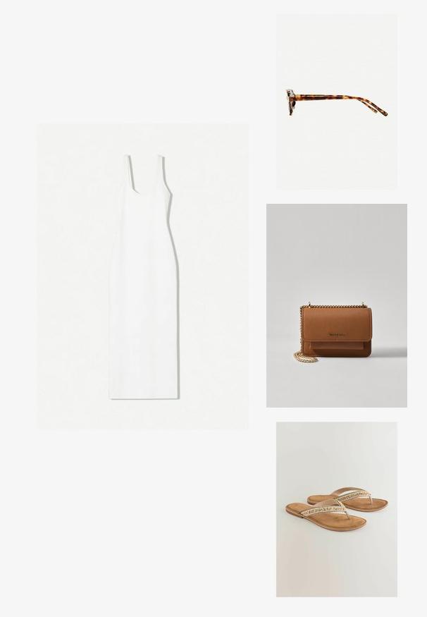 Biała sukienka bez rękawów z okrągłym dekoltem, dopasowanym krojem i długością do kostek. Wykonana z gładkiego materiału o minimalistycznym wzornictwie.; Brązowe klapki z wyściółką, z plecionymi dodatkami w kolorze beżowym, białym i złotym na pasku dla dodatkowego wykończenia.; Okulary przeciwsłoneczne w kratkę w grubej oprawie, lekko zakrzywionymi zausznikami i gładką teksturą. Charakteryzują się klasycznym wzornictwem i błyszczącym wykończeniem.; Brązowa skórzana torba na ramię z teksturą, z złotym łańcuszkiem i zapięciem na klapkę. Z przodu znajduje się detal z logo oraz kieszeń pod klapką.