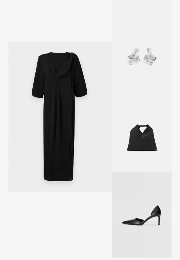 Black, knee-length dress with a draped back, short sleeves, and a relaxed fit. Made of smooth fabric, featuring subtle stitching details.; Black leather high-heeled pumps with a pointed toe, open sides, and a sleek silhouette. Features a thin heel and red sole accent.; Black leather bag featuring an asymmetrical design with a textured surface. It has a simple handle and a subtle logo accent.; Silver-tone earrings featuring clear, sparkling stones in various shapes, including round and marquise, arranged in a floral design.