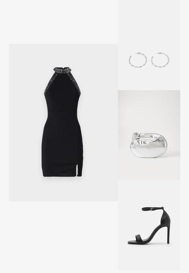 Černé halter šaty s přiléhavým designem, zdobeným výstřihem, bočním rozparkem a hladkou texturou. Obsahují bezpečné zapínání na zádech.; Černé sandály na vysokém podpatku s elegantním designem, které mají pásek kolem kotníku, otevřenou špičku a hladkou koženou texturu.; Stříbrná kovová taška s měkkým, zaobleným tvarem a uzávěrem s uzlem. Vyrobena z hladké umělé kůže.; Stříbrné kruhové náušnice s točeným designem, se lesklým povrchem a uzávěrem na kolík. Průměr přibližně 3 cm.