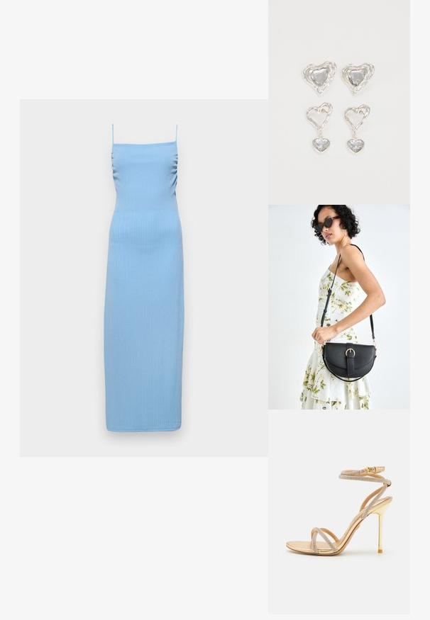 Lichtblauwe geribbelde midi-jurk met spaghettibandjes, met zijdelingse ruching en een aansluitende silhouet. Soepele textuur, knielange ontwerp.; ALDO MANAELDEN PILLOW WALK - Sandalen met hoge hak - gold-coloured; Zwarte leren handtas met een gebogen vorm, afneembare schouderband en gouden hardware. De tas heeft een klep met een gespsluiting.; Zilveren hartvormige oorbellen hebben facetteerbare heldere stenen en een textuurframe. De set bevat stud- en hangende stijlen.