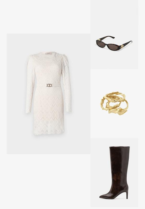 Lace dress in off-white with long sleeves, V-neckline, and a patterned texture. Features a silver-tone belt at the waist for accent.; Call it Spring RHODDE - High heeled boots - medium brown; Tortoiseshell sunglasses with elongated oval lenses, brown tint, gold logo accents on temples, and sleek black arms.; Gold-tone twisted rings stacked together, featuring a textured design with smooth and curved edges, creating an organic, flowing appearance.