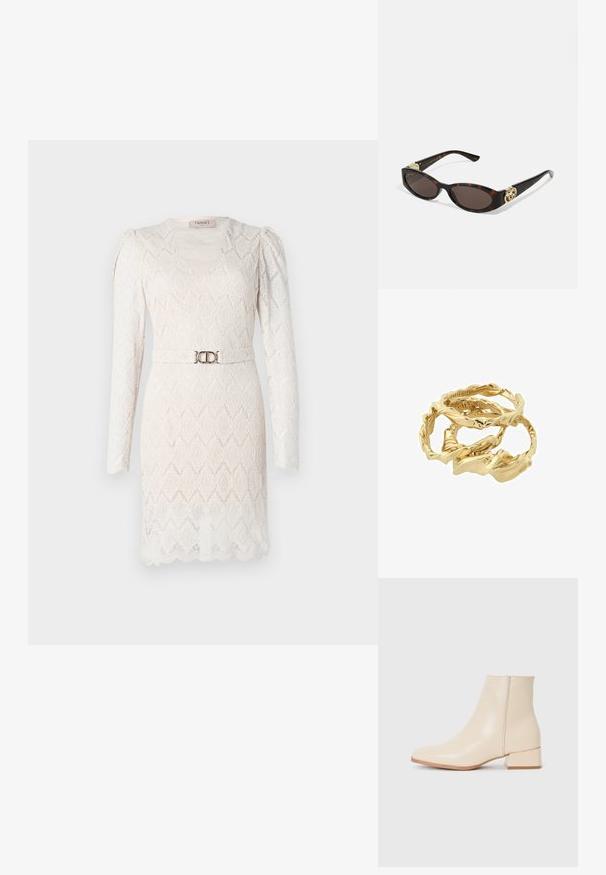 Lace dress in off-white with long sleeves, V-neckline, and a patterned texture. Features a silver-tone belt at the waist for accent.; Beige ankle boots made of smooth leather with a pointed toe, short shaft, and a low square heel. Minimalist design with no visible embellishments.; Tortoiseshell sunglasses with elongated oval lenses, brown tint, gold logo accents on temples, and sleek black arms.; Gold-tone twisted rings stacked together, featuring a textured design with smooth and curved edges, creating an organic, flowing appearance.