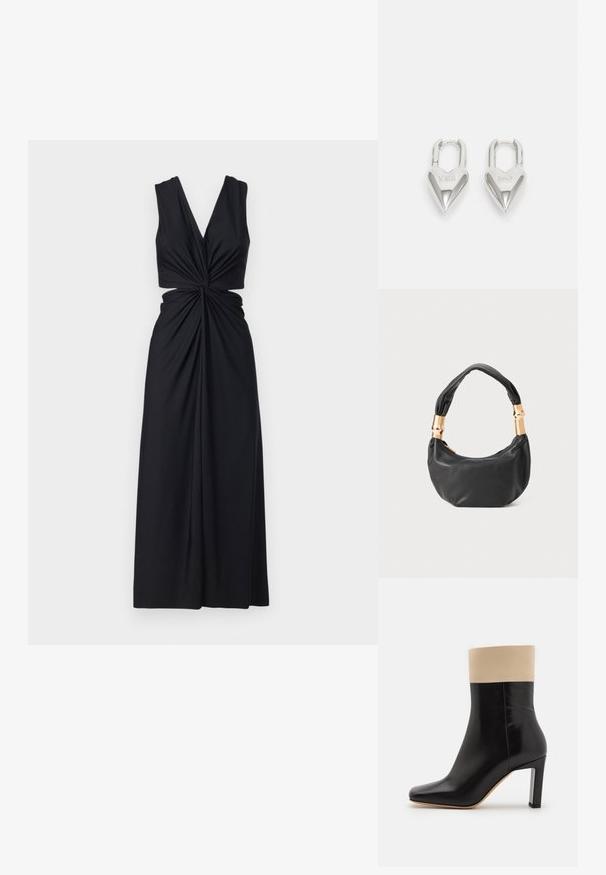 Rochie neagră fără mâneci, cu decolteu adânc în V, design cu față răsucită și material fluid. Fusta se așterne până la podea.; Cizmă din piele neagră până la gleznă, cu accente crem în partea de sus, vârf ascuțit și toc înalt cu accente argintii. Textură netedă, fără modele vizibile.; Geantă de mână din piele neagră, cu o formă rotundă, textură moale și un mâner legat, având accente din metal auriu. Închidere cu fermoar.; Lacate în formă de inimă, argintii, cu inscripții gravate "DA" și "NU", finisaj lustruit, design simetric și un închizător robust din metal.