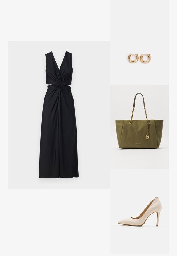 Black sleeveless dress with a deep V-neck, twisted front design, and flowing fabric. The skirt drapes to the floor.; Beige high-heeled pump, pointed toe, smooth leather finish, slim stiletto heel, minimalistic design with a subtle back detail.; Olive green tote bag with a gold-tone chain strap, featuring a circular logo tag and a smooth fabric finish. Minimalist design with a structured shape.; Gold hoop earrings with a polished finish, featuring a thick, circular design and a secure closure mechanism. Smooth texture and shiny appearance.