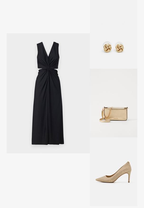 Robe noire sans manches avec un décolleté en V profond, un design frontal noué et un tissu fluide. La jupe tombe jusqu'au sol.; Escarpins beiges à bout pointu avec un dessus en tissu texturé, un talon mince et un effet scintillant subtil pour un détail supplémentaire.; Pochette en cuir doré métallisé avec une finition texturée, dotée d'une chaîne dorée et d'une bandoulière amovible. Logo de la marque estampé.; Boucles d'oreilles avec clou en métal doré et design torsadé. Chaque boucle d'oreille est dotée d'un arrière transparent circulaire pour un port sécurisé.