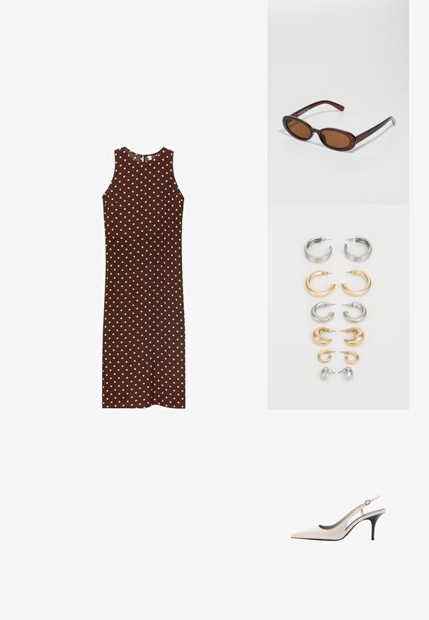 Ruskea ilman hihoja oleva mekko, jossa on valkoisia pisaroita. Mekossa on pyöreä kaula-aukko ja suora siluetti. Sileä kangas ja yksinkertainen muotoilu.; Mango Avokkaat - white; Pyöreät, ruskehtavat aurinkolasit, joissa on kiiltävä burgundinpunainen runko. Kapeat sivut, joissa on hienovarainen brändäys. Litteät linssit.; Sarjan kahdeksasta metallikorusta, joissa on hopean ja kullan sävyjä. Mukana on erilaisia renkaiden tyylejä, tekstuureja ja viimeistelyjä, järjestetty koon mukaan.