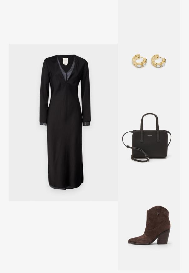 Black long-sleeve dress in smooth fabric, featuring a deep V-neck, satin accents on the collar, and side slits for ease of movement.; Guess JALELLA2 - High heeled ankle boots - brown; Black handbag with dual short handles and a removable shoulder strap. Smooth leather-like material with a zip closure and logo detail.; Gold hoop earrings featuring a textured design with three clear crystal accents on one side, offering a modern geometric aesthetic.