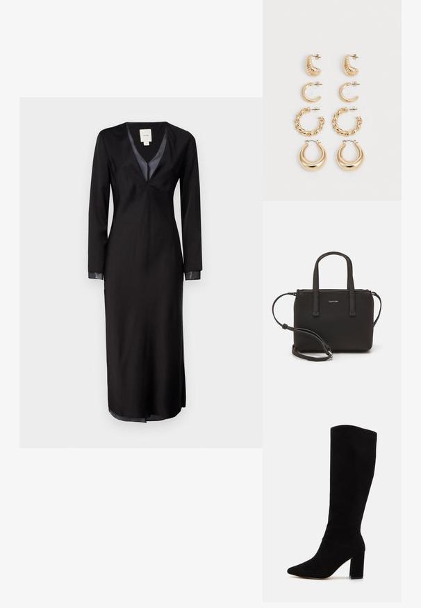 Melns garo piedurkņu kleita gludā audumā, ar dziļu V-veida kakla izgriezumu, satīna akcentiem uz apkakles un sānu izgriezumiem, lai nodrošinātu kustību brīvību.; Melnas zamšādas līdz ceļiem izgatavotas kurpes ar smailo purngalu, kvadrātveida papēdi un gludu tekstūru bez redzamām rakstām vai aparatūras detaļām.; Melns roku soma ar divām īsām rokturiem un noņemamu plecu siksnu. Gluda ādas līdzīga materiāla ar rāvējslēdzēja aizdari un logos detaļu.; Piecu zelta auskaru komplekts, kas ietver dažādus dizainus: savītas, ribotas un gludas virsmas cilpās un pusmēness formās.