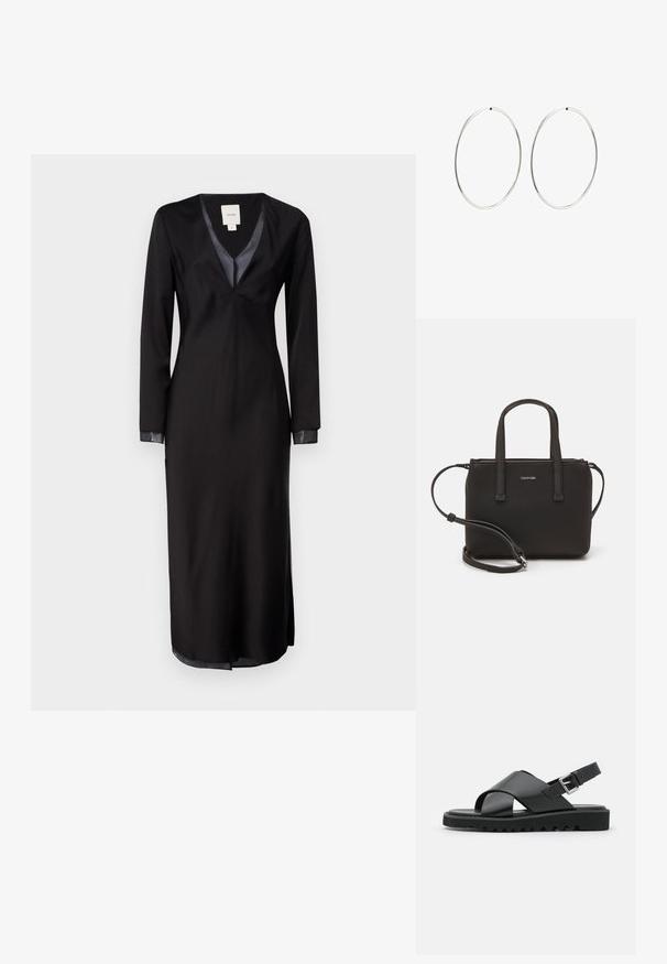 Čierne šaty s dlhým rukávom z hladkej tkaniny, s hlbokým V-výstrihom, saténovými akcentmi na golieri a bočnými rozparkami pre pohodlný pohyb.; Čierne kožené sandále s dizajnom krížového pásu, nastaviteľnou prackou a textúrovanou podrážkou s drážkami pre lepšiu priľnavosť.; Čierna kabelka s dvojitými krátkymi rúčkami a odnímateľným ramenným popruhom. Hladký materiál podobný koži s uzatváraním na zips a detailom loga.; Strieborné kruhové náušnice s hladkým, okrúhlym dizajnom a lesklým povrchom. Sú tenké a ľahké, s jednoduchým uzáverom.