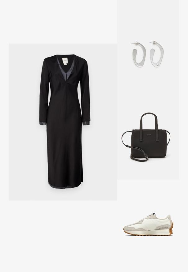 Schwarzes Langarmkleid aus glattem Stoff, mit tiefem V-Ausschnitt, Satinakzenten am Kragen und seitlichen Schlitzen für mehr Bewegungsfreiheit.; Weiße und beige Sneaker mit einem glatten Lederobermaterial, Wildlederakzenten, runder Zehenform und einer strukturierten Gummisohle. Markenname an der Seite gedruckt.; Schwarze Handtasche mit zwei kurzen, doppelt geflochtenen Griffen und einem abnehmbaren Schulterriemen. Glattes, lederähnliches Material mit einem Reißverschluss und Logodetail.; Silberne Metallohrringe mit einer fließenden, abstrakten Form und einer polierten Oberfläche. Einer davon ist mit einem kleinen Kristalldetail akzentuiert.