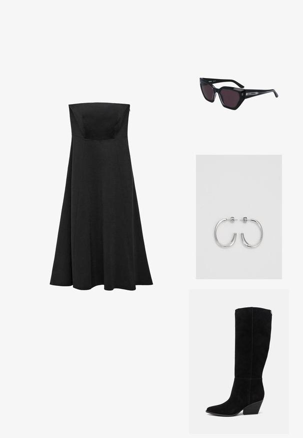 Czarna sukienka bez ramiączek z dopasowanym bodicem i rozkloszowaną, do ziemi spódnicą. Wykonana z gładkiego materiału bez widocznych wzorów czy akcentów.; Guess CALLY czarny; Czarne okulary przeciwsłoneczne w kocim kształcie, z ciemnymi soczewkami, błyszczącym wykończeniem oraz subtelnymi akcentami logo na zausznikach.; Srebrne kolczyki na biglu o gładkim, błyszczącym wykończeniu. O zaokrąglonym kształcie, lekkim designie, z zamknięciem na zatrzask.